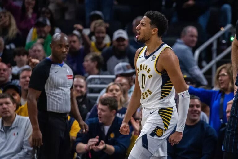 Indiana Pacers guard Tyrese Haliburton (0) celebrates a made basket