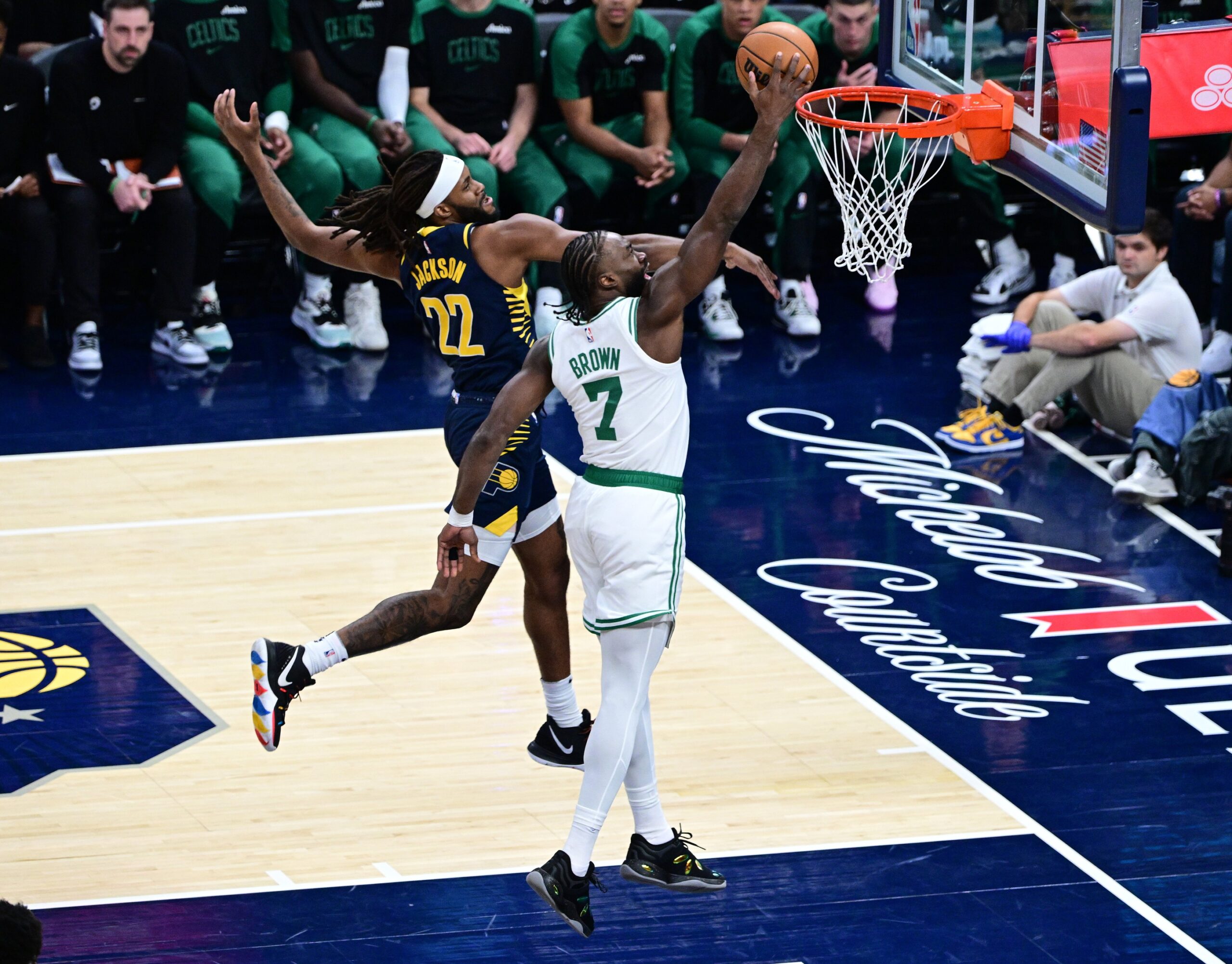 Boston Celtics wing Jaylen Brown (7) goes up for dunk