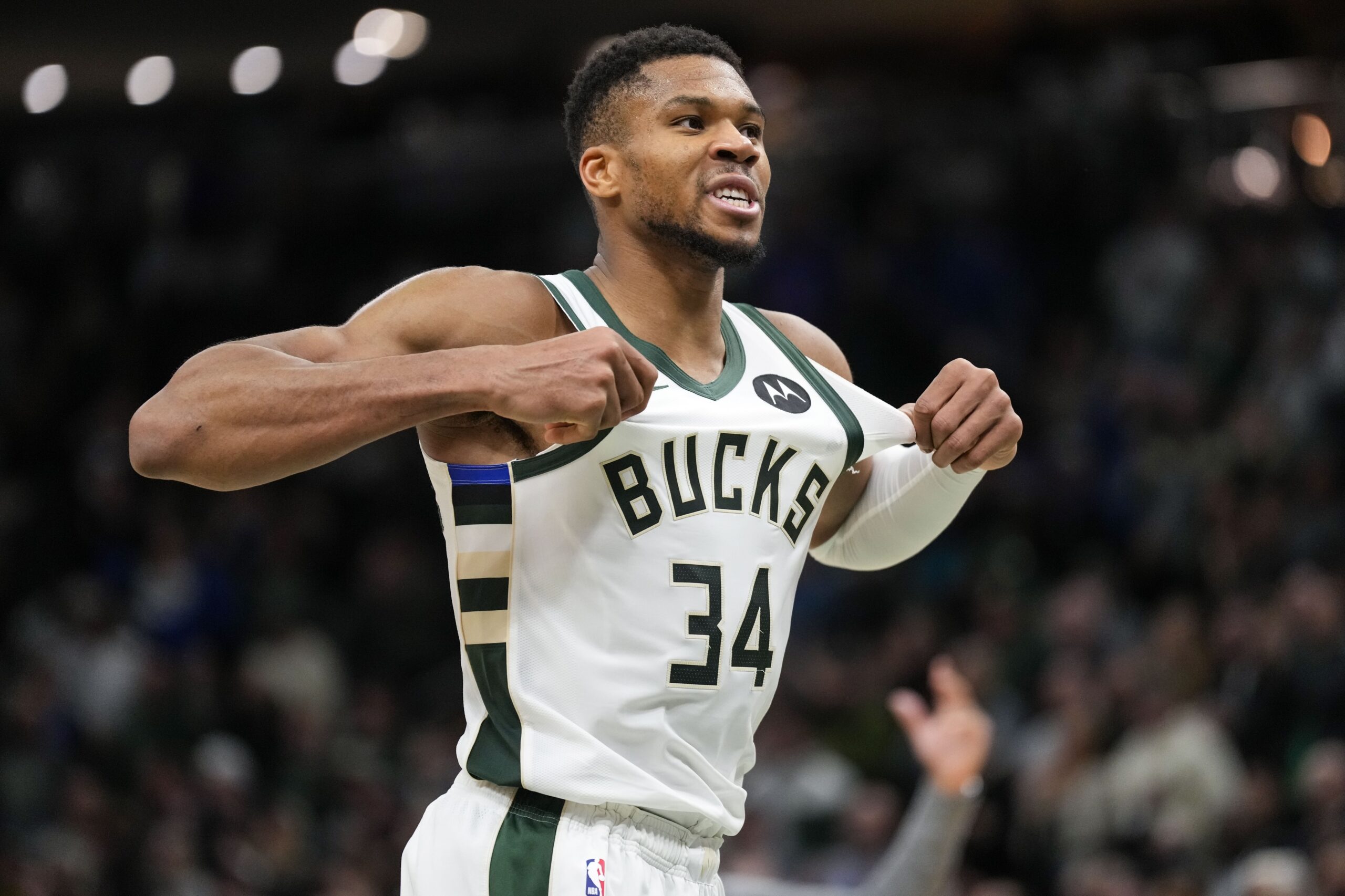 Milwaukee Bucks forward Giannis Antetokounmpo (34) celebrates after scoring