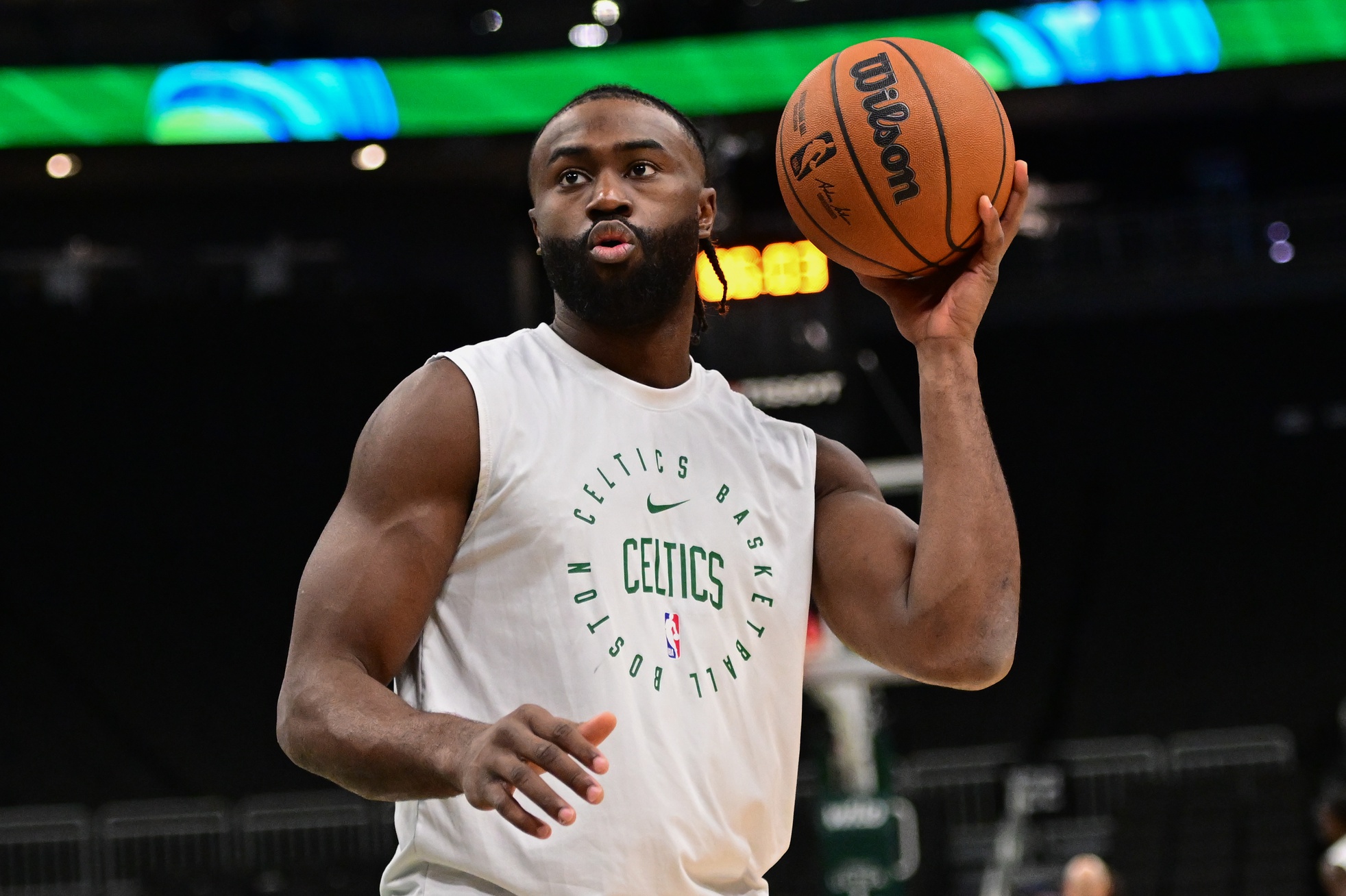 Boston Celtics forward Jaylen Brown (7) warms up before game