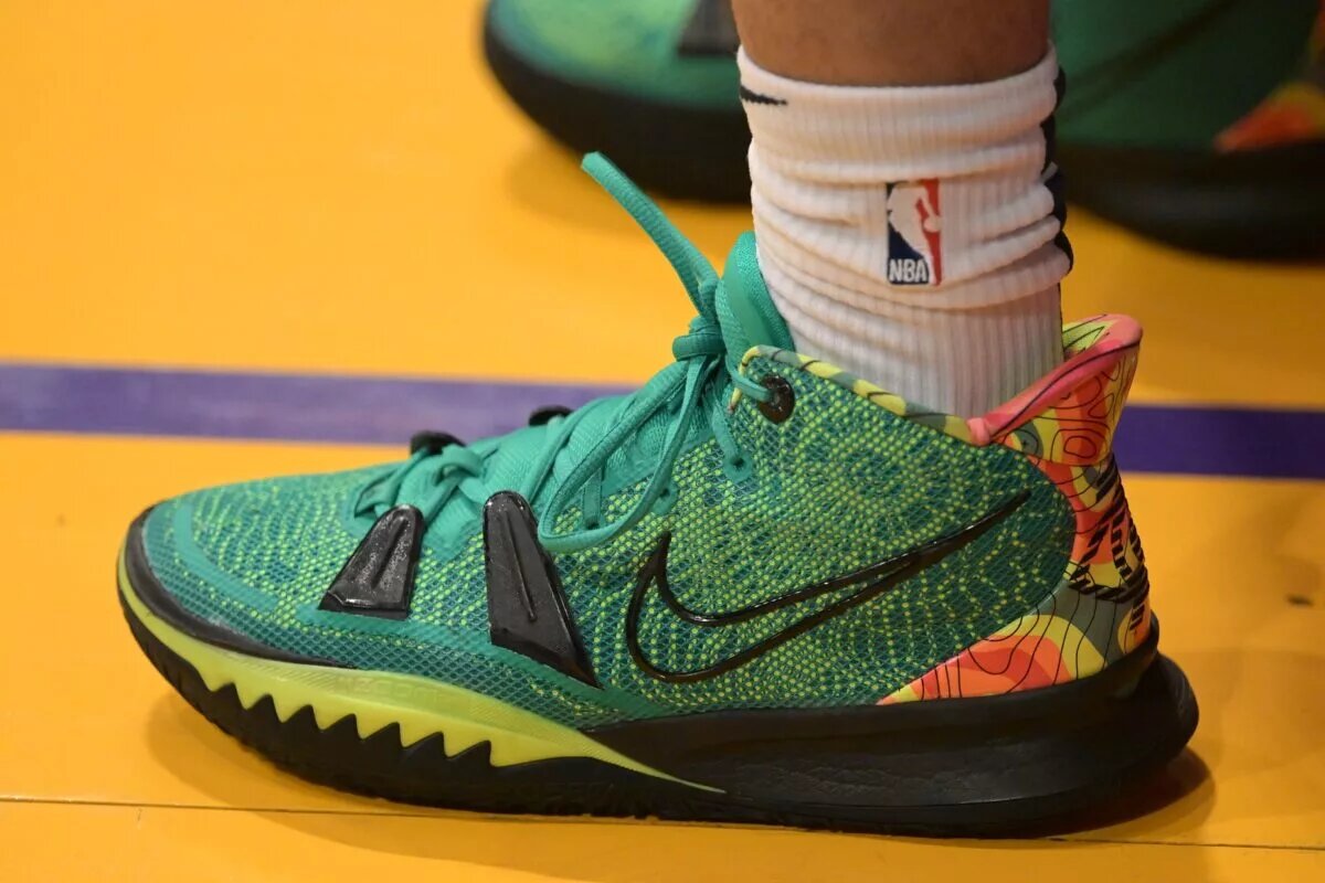 Apr 1, 2022; Los Angeles, California, USA; Detailed view of the basketball sneakers worn by New Orleans Pelicans guard Jose Alvarado (15) for the game against the Los Angeles Lakers at Crypto.com Arena. Mandatory Credit: Jayne Kamin-Oncea-USA TODAY Sports