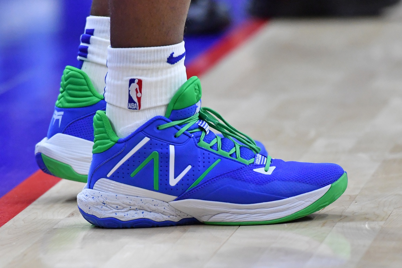 Dec 11, 2023; Philadelphia, Pennsylvania, USA; A close up view of sneaker worn by Philadelphia 76ers guard Tyrese Maxey (0) against the Washington Wizards during the second quarter at Wells Fargo Center. Mandatory Credit: Eric Hartline-USA TODAY Sports