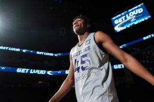 Grizzlies' GG Jackson II (45) walks on the court as he is introduced during open practice at FedExForum in Memphis, Tenn., on Sunday, October 6, 2024.