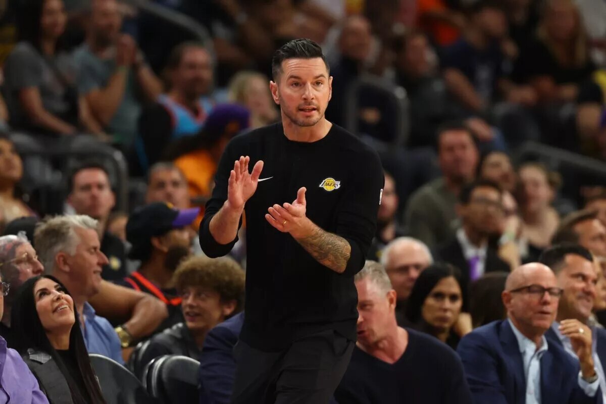 Oct 28, 2024; Phoenix, Arizona, USA; Los Angeles Lakers head coach JJ Redick against the Phoenix Suns at Footprint Center. Mandatory Credit: Mark J. Rebilas-Imagn Images