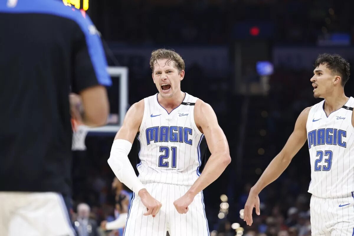 Nov 4, 2024; Oklahoma City, Oklahoma, USA; Orlando Magic center Moritz Wagner (21) reacts after play against the Oklahoma City Thunder during the second quarter at Paycom Center. Mandatory Credit: Alonzo Adams-Imagn Images