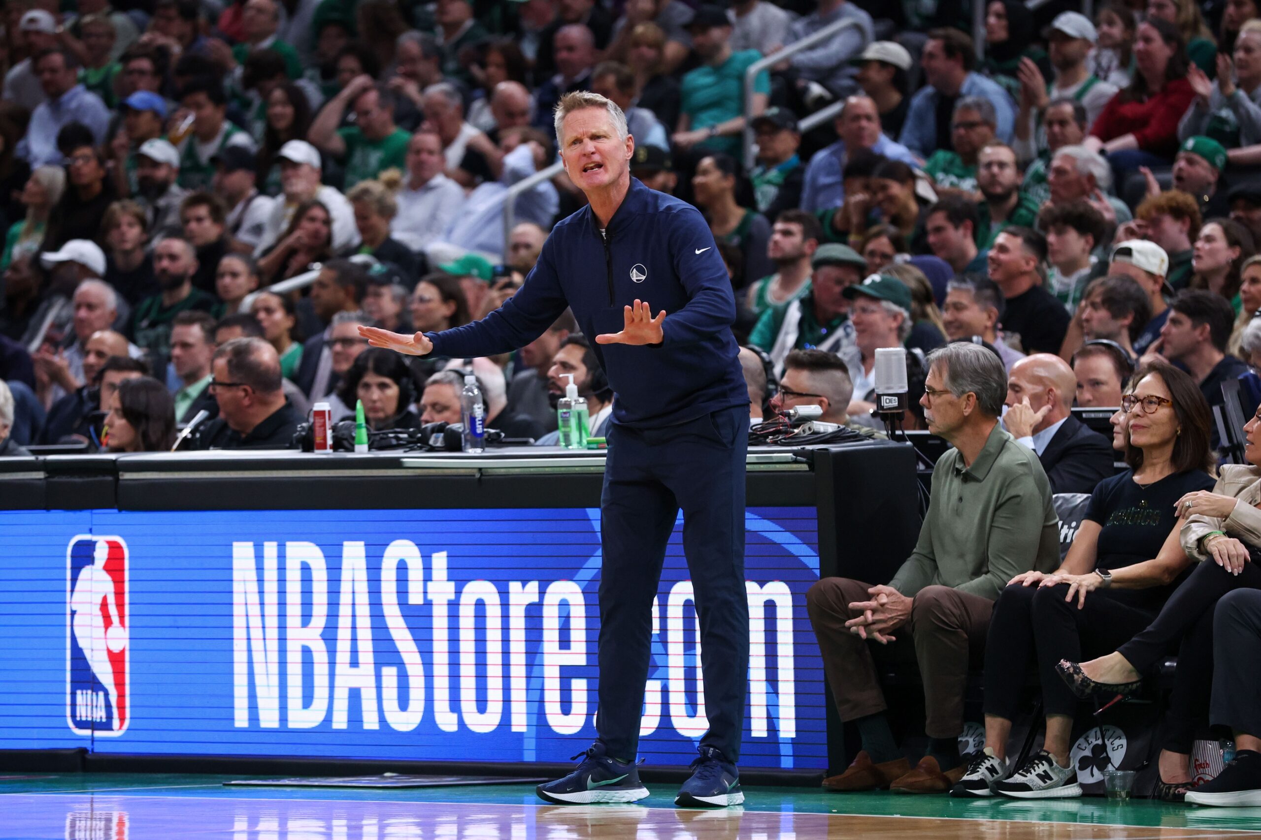 Nov 6, 2024; Boston, Massachusetts, USA; Golden State Warriors head coach Steve Kerr reacts during the first half against the Boston Celtics at TD Garden. Mandatory Credit: Paul Rutherford-Imagn Images