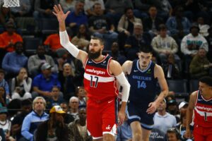 Nov 8, 2024; Memphis, Tennessee, USA; Washington Wizards center Jonas Valanciunas (17) reacts after a basket during the second half against the Memphis Grizzlies at FedExForum. Mandatory Credit: Petre Thomas-Imagn Images