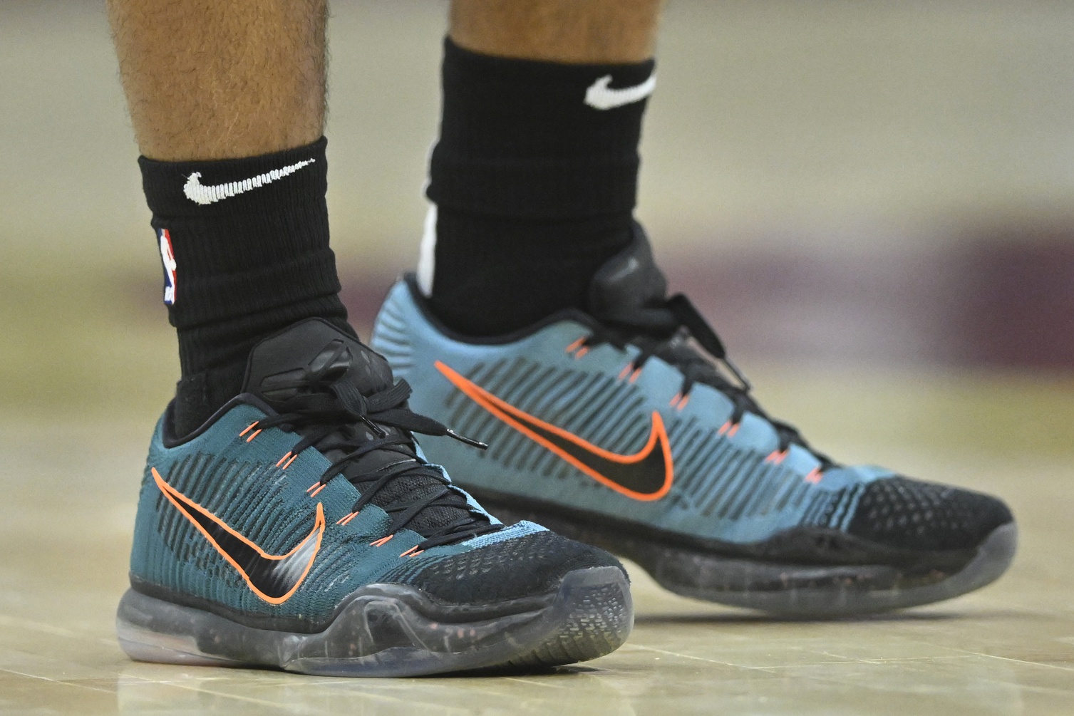 Nov 9, 2024; Cleveland, Ohio, USA; A general view of the shoes of Brooklyn Nets guard Cam Thomas (24) in the first quarter against the Cleveland Cavaliers at Rocket Mortgage FieldHouse. Mandatory Credit: David Richard-Imagn Images