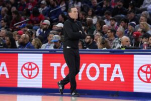 Nov 13, 2024; Philadelphia, Pennsylvania, USA; Cleveland Cavaliers head coach Kenny Atkinson looks on against the Philadelphia 76ers in the second quarter at Wells Fargo Center. Mandatory Credit: Kyle Ross-Imagn Images