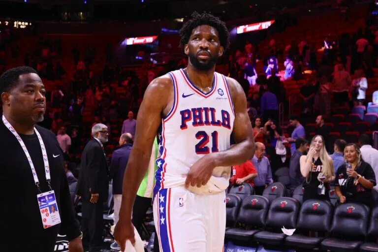 Nov 18, 2024; Miami, Florida, USA; Philadelphia 76ers center Joel Embiid (21) looks on after the game against the Miami Heat at Kaseya Center. Mandatory Credit: Sam Navarro-Imagn Images