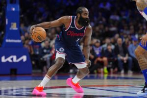 Nov 24, 2024; Philadelphia, Pennsylvania, USA; Los Angeles Clippers guard James Harden (1) controls the ball against the Philadelphia 76ers in the third quarter at Wells Fargo Center. Mandatory Credit: Kyle Ross-Imagn Images