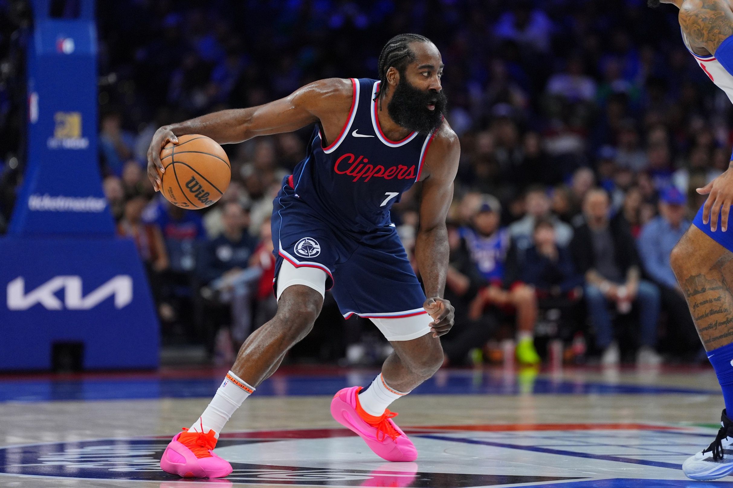 Nov 24, 2024; Philadelphia, Pennsylvania, USA; Los Angeles Clippers guard James Harden (1) controls the ball against the Philadelphia 76ers in the third quarter at Wells Fargo Center. Mandatory Credit: Kyle Ross-Imagn Images