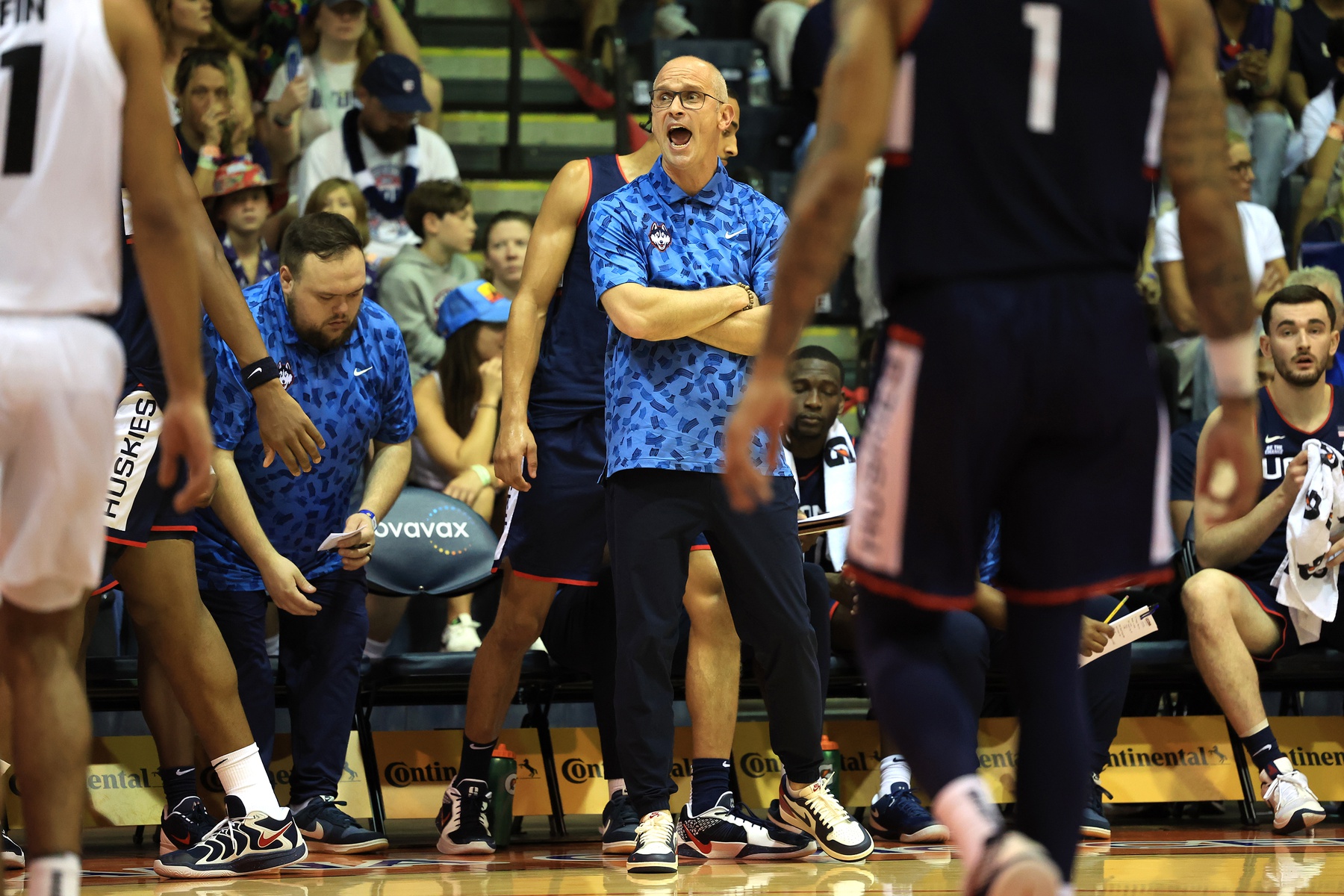 Nov 26, 2024; Lahaina, Hawaii, USA; Connecticut Huskies head coach Dan Hurley reacts to play as his team takes on the Colorado Buffaloes during the first half of an NCAA college basketball game at Lahaina Civic Center. Mandatory Credit: Marco Garcia-Imagn Images