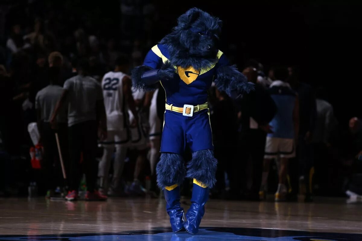 Memphis Grizzlies mascot Super Grizz dances during a timeout