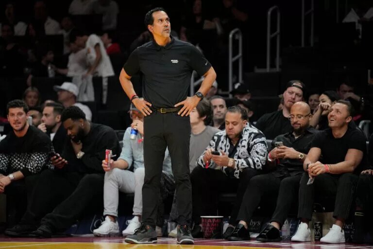 Miami Heat head coach Erik Spoelstra looks on during the second half in an NBA Cup game