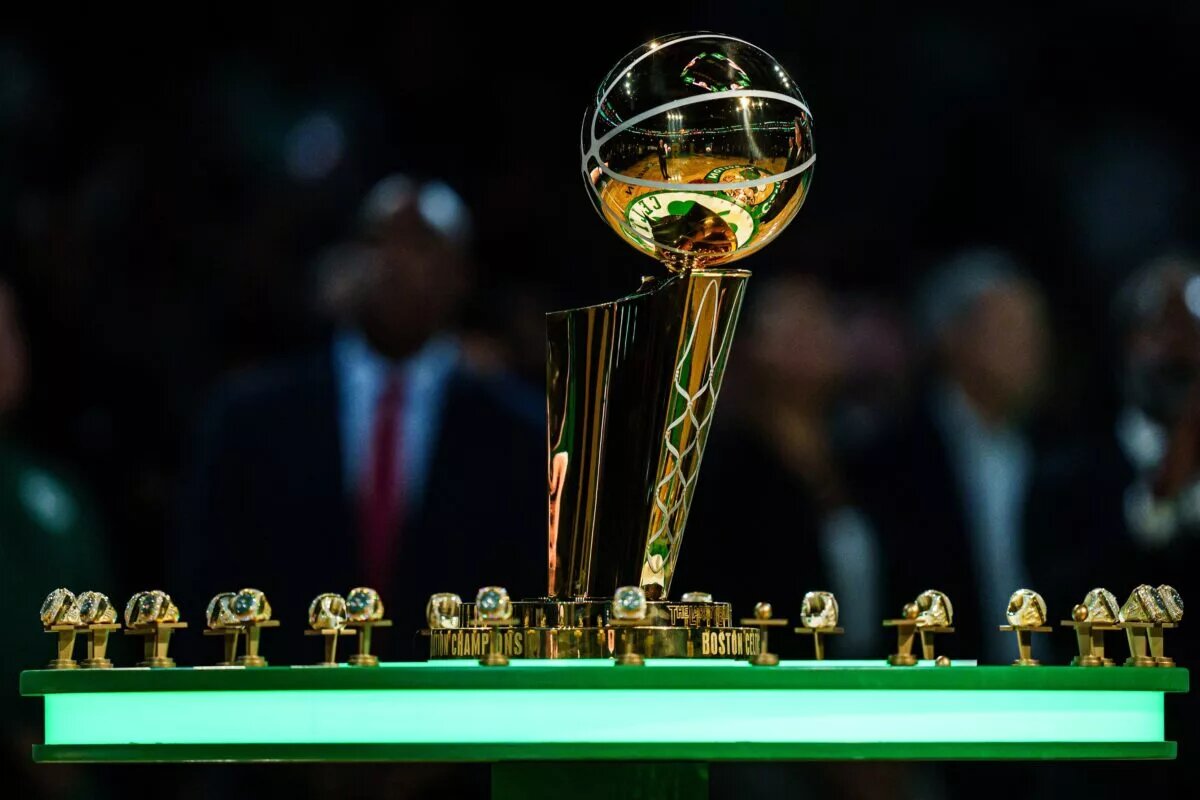 Boston Celtics championship rings during the opening night banner raising ceremony