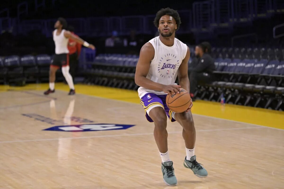 Los Angeles Lakers guard Bronny James (9) warms up prior to the game