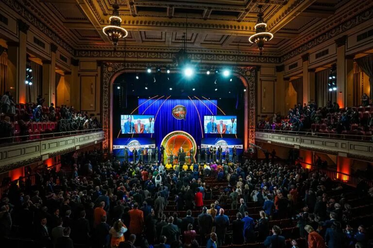 Class of 2024 inductees and their representatives share the stage at the conclusion of the Naismith Memorial Basketball Hall of Fame Enshrinement