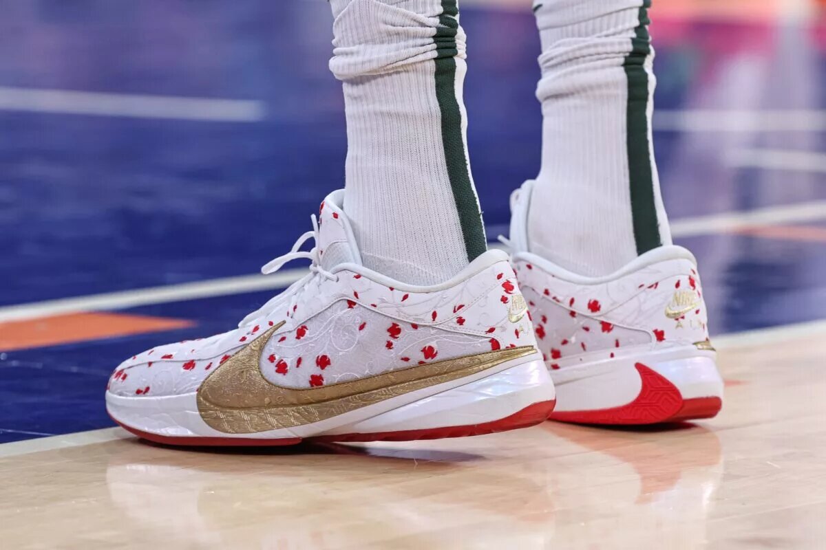 Dec 25, 2023; New York, New York, USA; A detailed view of the sneakers worn by Milwaukee Bucks forward Giannis Antetokounmpo (34) during the first half against the New York Knicks at Madison Square Garden. Mandatory Credit: Vincent Carchietta-USA TODAY Sports