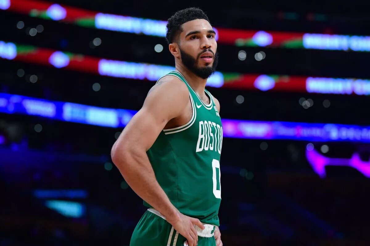 Dec 25, 2023; Los Angeles, California, USA; Boston Celtics forward Jayson Tatum (0) reacts during the second half at Crypto.com Arena. Mandatory Credit: Gary A. Vasquez-USA TODAY Sports