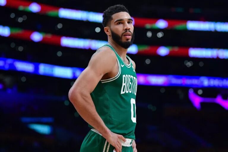 Dec 25, 2023; Los Angeles, California, USA; Boston Celtics forward Jayson Tatum (0) reacts during the second half at Crypto.com Arena. Mandatory Credit: Gary A. Vasquez-USA TODAY Sports