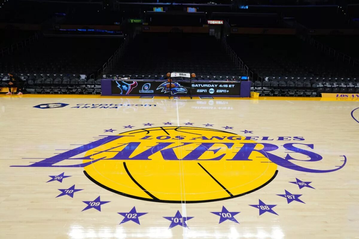 Jan 17, 2024; Los Angeles, California, USA; The Los Angeles Lakers logo at center court at the Crypto.com Arena. Mandatory Credit: Kirby Lee-USA TODAY Sports
