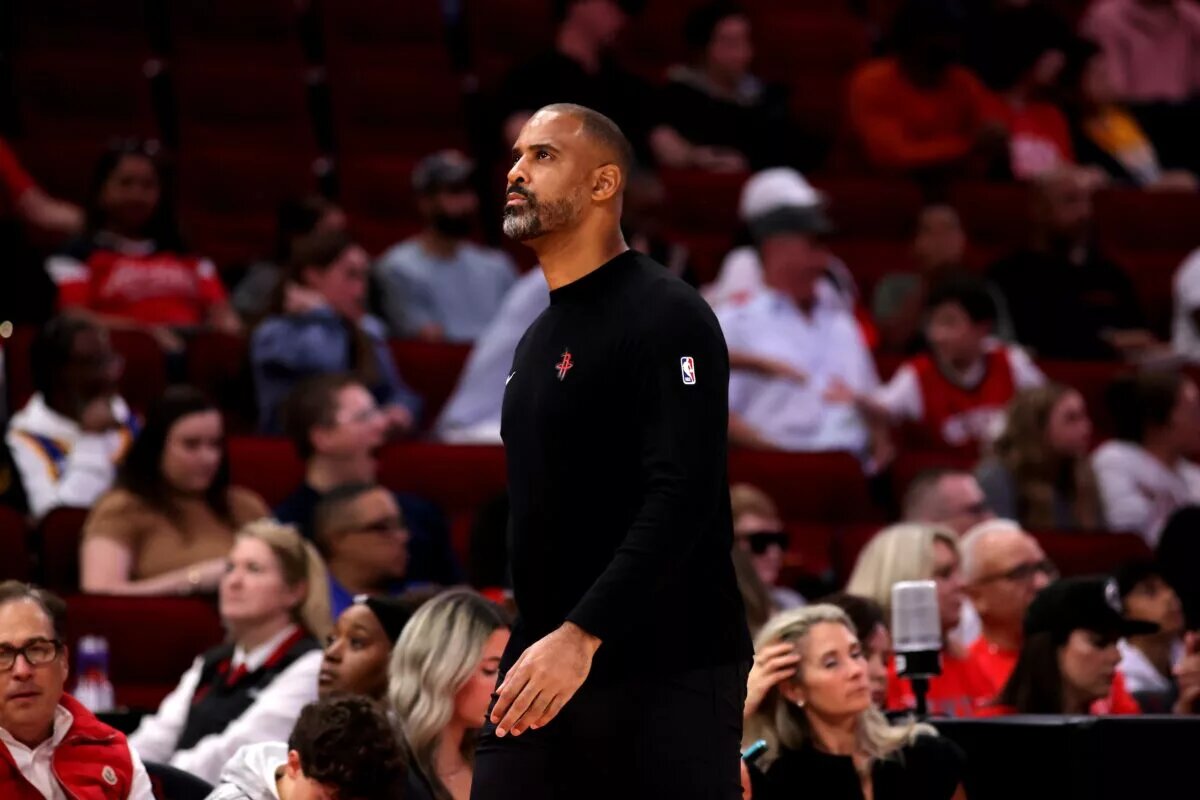 Nov 2, 2024; Houston, Texas, USA; Houston Rockets head coach Ime Udoka on the sideline against the Houston Rockets during the first quarter at Toyota Center. Mandatory Credit: Erik Williams-Imagn Images
