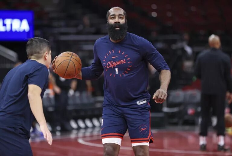 Nov 15, 2024; Houston, Texas, USA; Los Angeles Clippers guard James Harden (1) warms up before the game against the Houston Rockets at Toyota Center. Mandatory Credit: Troy Taormina-Imagn Images