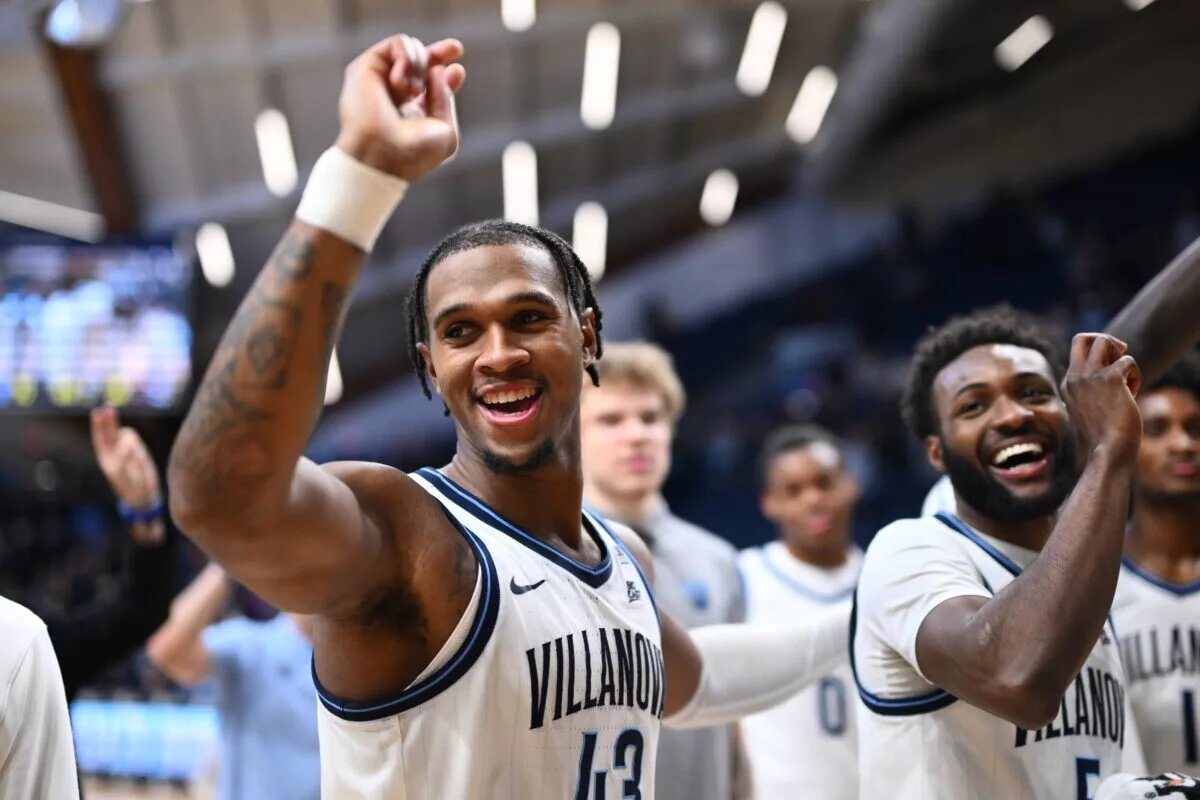 Nov 27, 2024; Villanova, Pennsylvania, USA; Villanova Wildcats forward Eric Dixon (43) reacts after the game against the Rider Broncs at William B. Finneran Pavilion. Mandatory Credit: Kyle Ross-Imagn Images