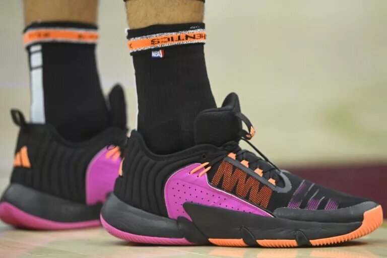 Nov 27, 2024; Cleveland, Ohio, USA; A general view of the shoes of Atlanta Hawks guard Bogdan Bogdanovic (13) in the first quarter against the Cleveland Cavaliers at Rocket Mortgage FieldHouse. Mandatory Credit: David Richard-Imagn Images