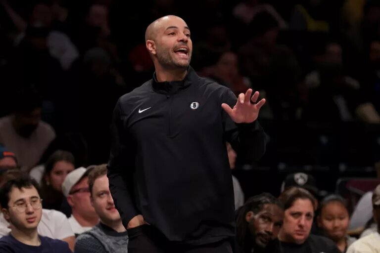 Dec 4, 2024; Brooklyn, New York, USA; Brooklyn Nets head coach Jordi Fernandez coaches against the Indiana Pacers during the second quarter at Barclays Center. Mandatory Credit: Brad Penner-Imagn Images