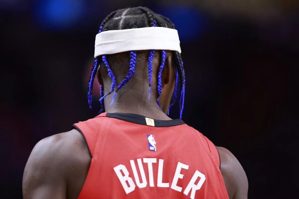 Dec 8, 2024; Miami, Florida, USA; Miami Heat forward Jimmy Butler's (22) looks on before the game against the Cleveland Cavaliers during the first half at Kaseya Center. Mandatory Credit: Rhona Wise-Imagn Images