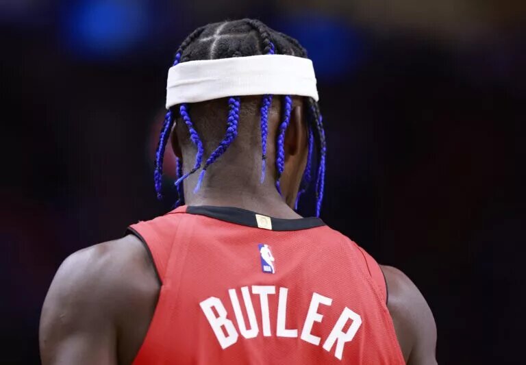 Dec 8, 2024; Miami, Florida, USA; Miami Heat forward Jimmy Butler's (22) looks on before the game against the Cleveland Cavaliers during the first half at Kaseya Center. Mandatory Credit: Rhona Wise-Imagn Images