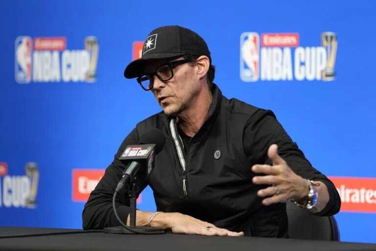 December 13, 2024; Las Vegas, Nevada, USA; Atlanta Hawks head coach Quin Snyder addresses the media in a press conference during practice prior to the Emirates NBA Cup semi-finals at T-Mobile Arena. Mandatory Credit: Kyle Terada-Imagn Images Kobe Bufkin