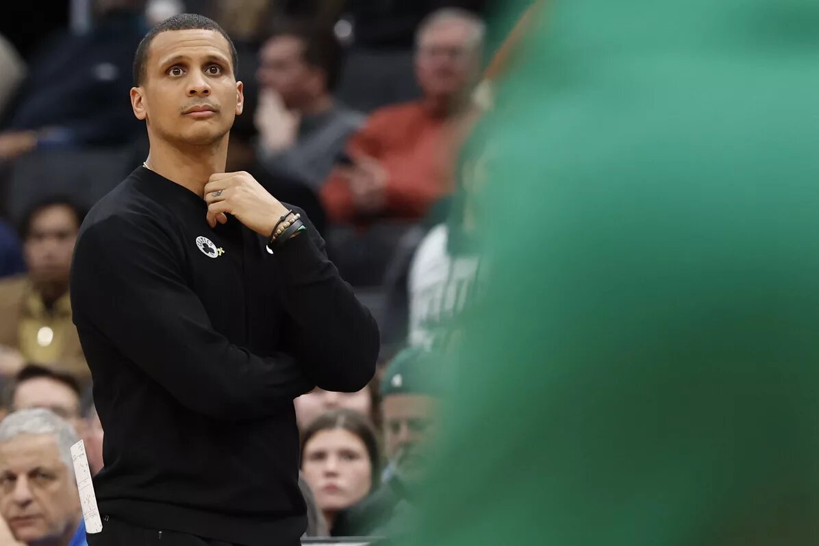 Dec 15, 2024; Washington, District of Columbia, USA; Boston Celtics head coach Joe Mazzulla looks on from the bench against the Washington Wizards in the second quarter at Capital One Arena. Mandatory Credit: Geoff Burke-Imagn Images Jaden Springer