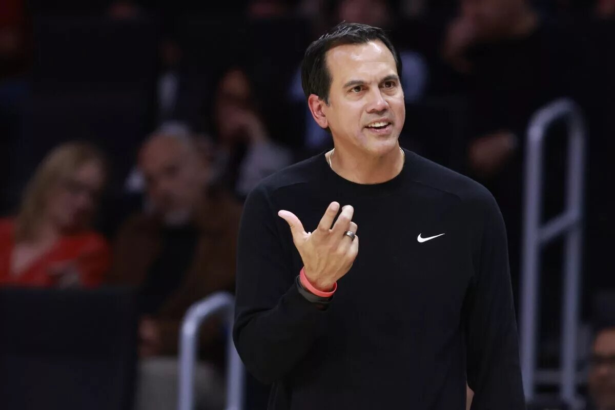 Dec 20, 2024; Miami, Florida, USA; Miami Heat head coach Erik Spoelstra reacts against the Oklahoma City Thunder during the second half at Kaseya Center. Mandatory Credit: Rhona Wise-Imagn Images Kel'el Ware