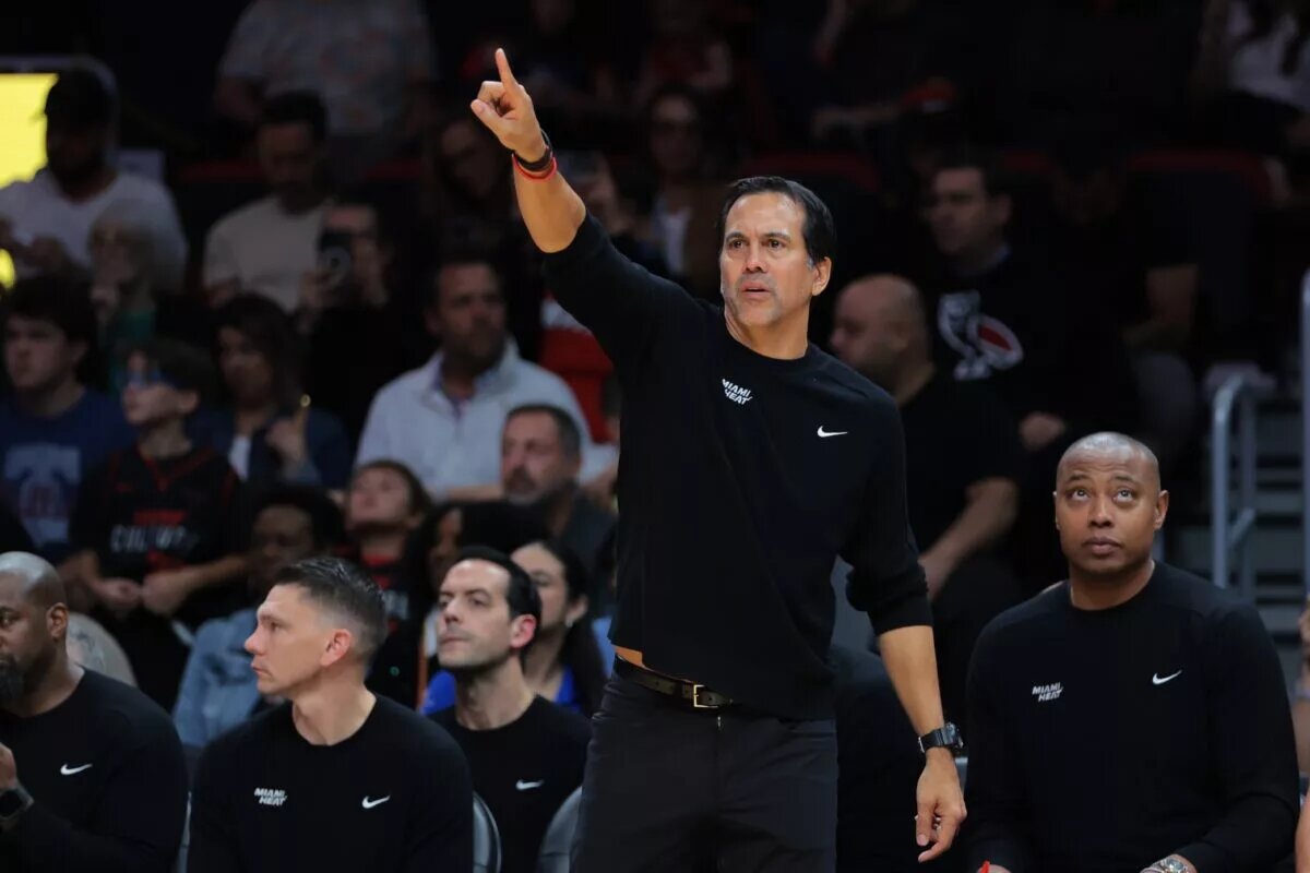 Dec 23, 2024; Miami, Florida, USA; Miami Heat head coach Erik Spoelstra reacts from the sideline against the Brooklyn Nets during the second quarter at Kaseya Center. Mandatory Credit: Sam Navarro-Imagn Images Isaiah Stevens