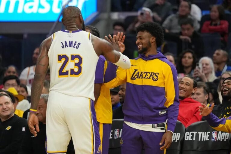 Los Angeles Lakers star LeBron James and son Bronny James (LeBron James Jr.)