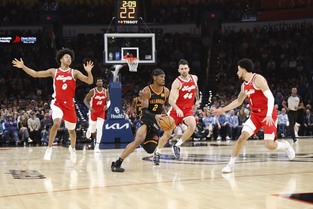 Dec 29, 2024; Oklahoma City, Oklahoma, USA; Oklahoma City Thunder guard Shai Gilgeous-Alexander (2) dribbles the ball down the court against the Memphis Grizzlies during the second quarter at Paycom Center. Mandatory Credit: Alonzo Adams-Imagn Images