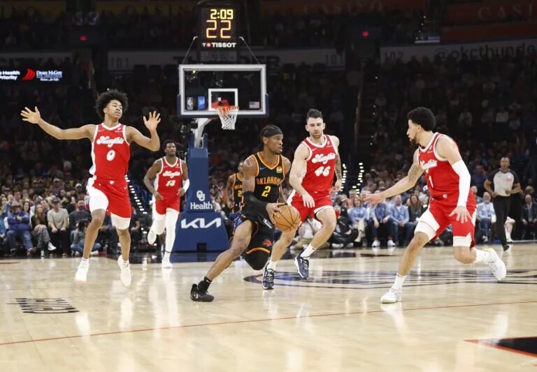 Dec 29, 2024; Oklahoma City, Oklahoma, USA; Oklahoma City Thunder guard Shai Gilgeous-Alexander (2) dribbles the ball down the court against the Memphis Grizzlies during the second quarter at Paycom Center. Mandatory Credit: Alonzo Adams-Imagn Images