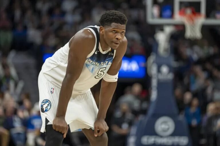 Dec 29, 2024; Minneapolis, Minnesota, USA; Minnesota Timberwolves guard Anthony Edwards (5) looks on against the San Antonio Spurs in the second half at Target Center. Mandatory Credit: Jesse Johnson-Imagn Images