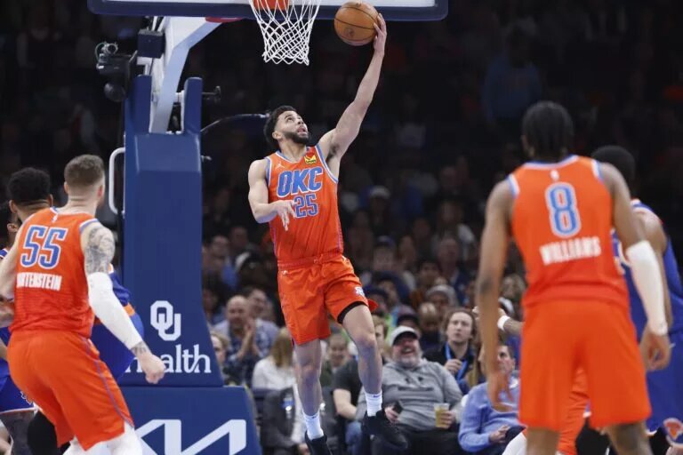 Oklahoma City Thunder guard Ajay Mitchell (25) lays the ball up