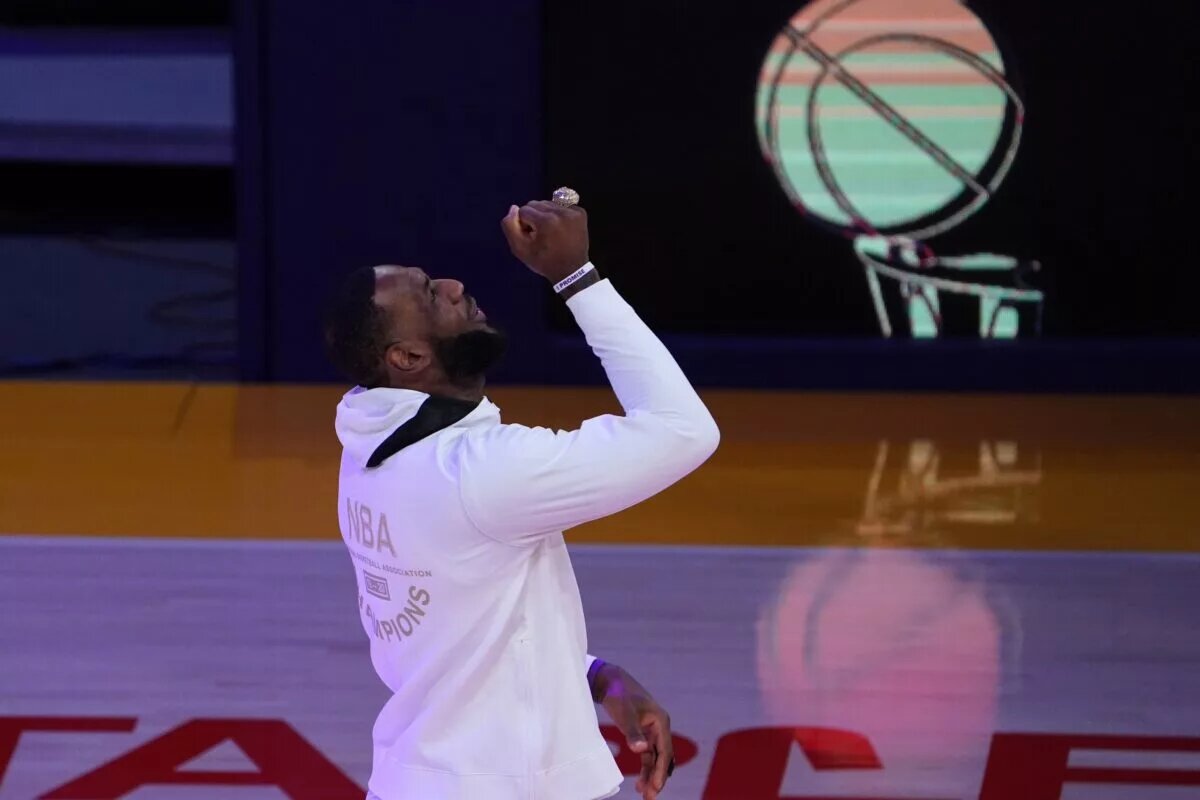 Los Angeles Lakers forward LeBron James (23) reacts after receiving 2020 NBA Championship ring