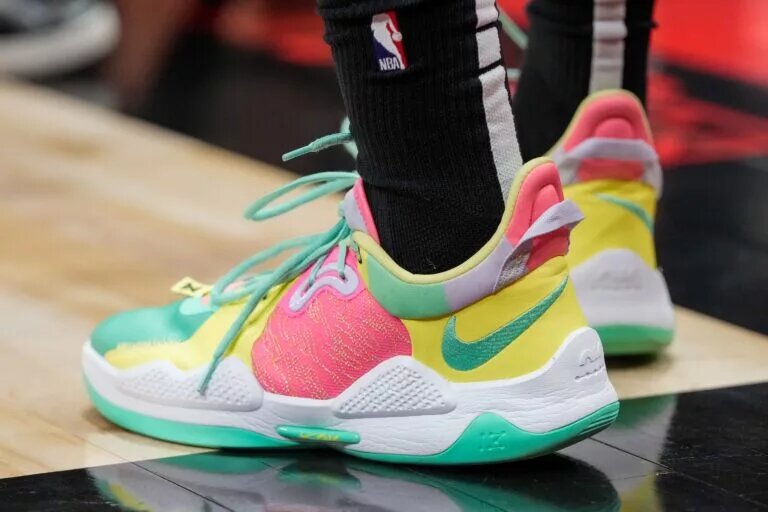 Oct 11, 2021; Toronto, Ontario, CAN; A detail view of the sneakers worn by Houston Rockets guard Dante Exum (5) during a game against the Toronto Raptors at Scotiabank Arena. Mandatory Credit: Kevin Sousa-USA TODAY Sports