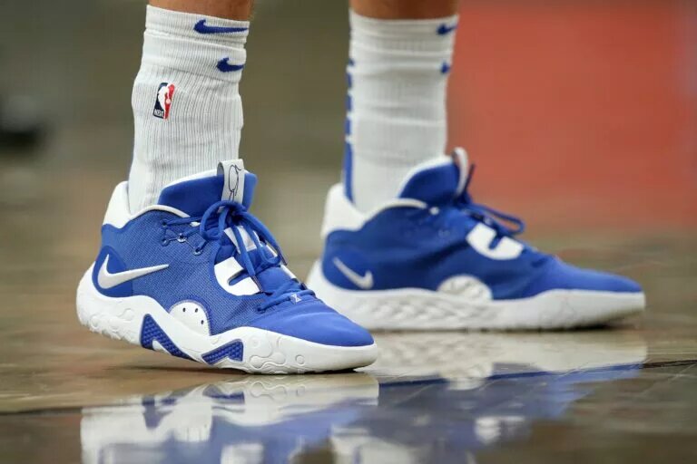 Apr 7, 2023; Brooklyn, New York, USA; Sneakers worn by Orlando Magic forward Franz Wagner (22) during the second quarter against the Brooklyn Nets at Barclays Center. Mandatory Credit: Brad Penner-USA TODAY Sports