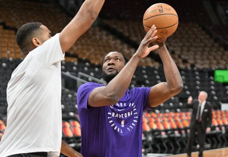 Nov 21, 2024; Toronto, Ontario, CAN; Toronto Raptors center Bruno Fernando (24) warms up before playing the Minnesota Timberwolves at Scotiabank Arena. Mandatory Credit: Dan Hamilton-Imagn Images
