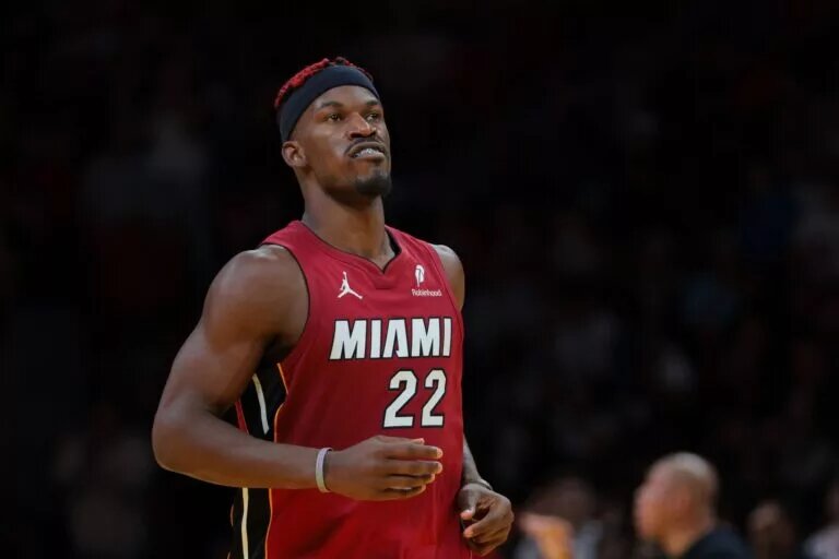 Nov 26, 2024; Miami, Florida, USA; Miami Heat forward Jimmy Butler (22) looks on against the Milwaukee Bucks during the fourth quarter at Kaseya Center.
