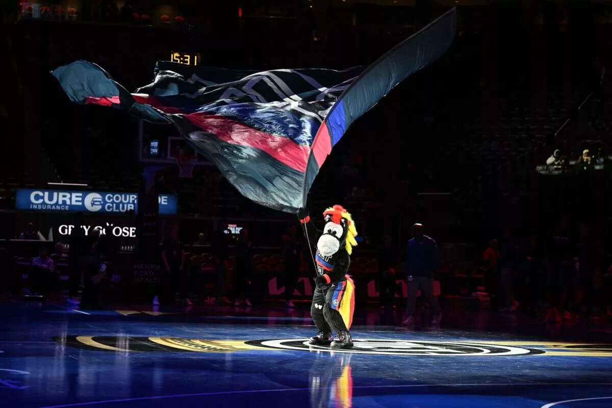 Detroit Pistons mascot and team flag