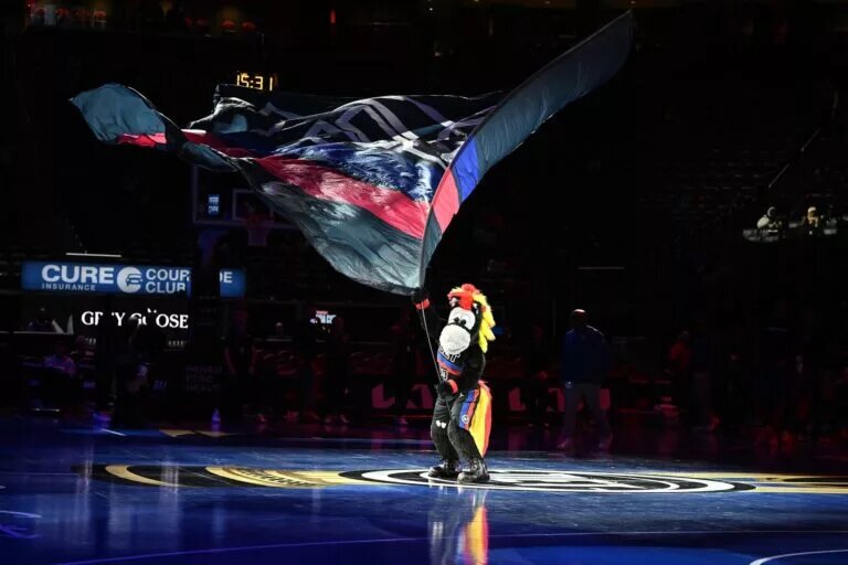 Detroit Pistons mascot and team flag