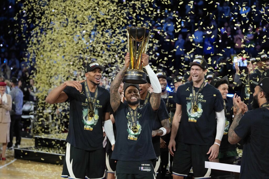 Milwaukee Bucks stars Giannis Antetokounmpo, Damian Lillard, and Brook Lopez celebrate winning In-Season Tournament